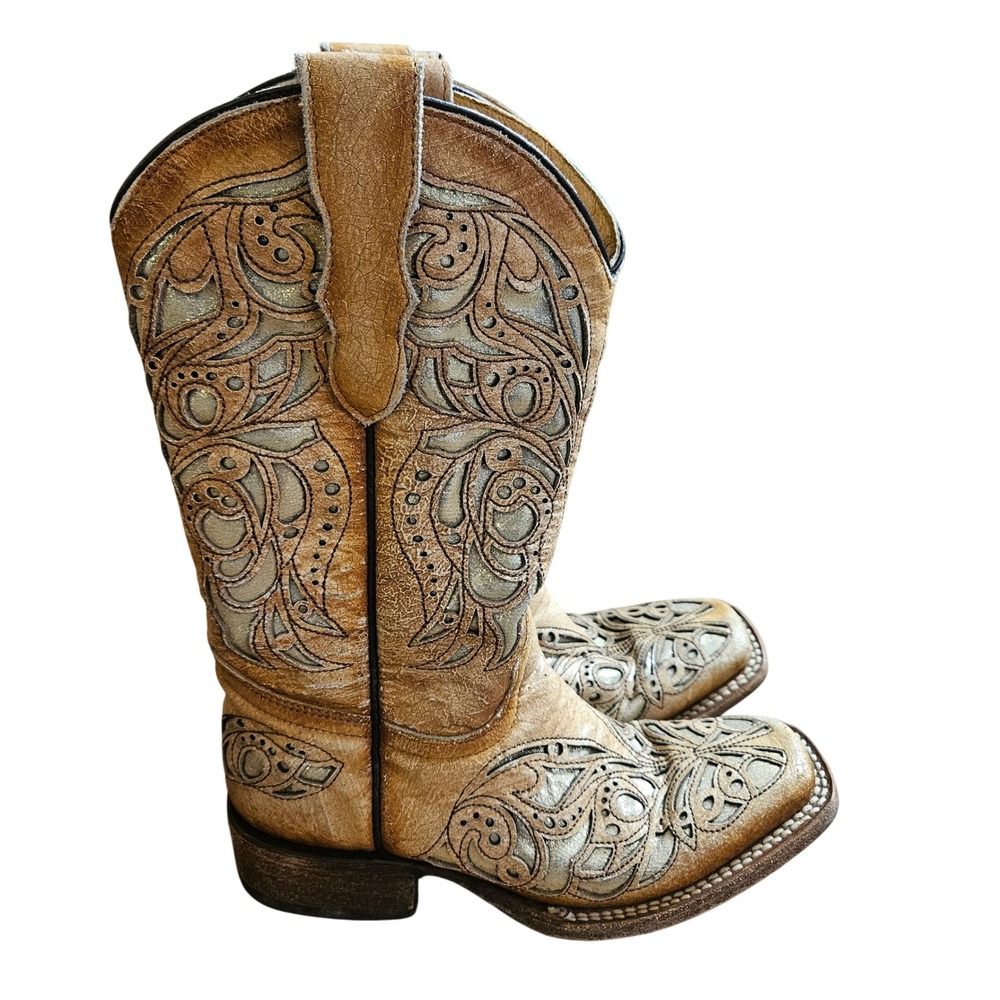 Corral Girls' Shiny Inlay Western Boots Square Toe 2.5 Leather Cowgirl T0104